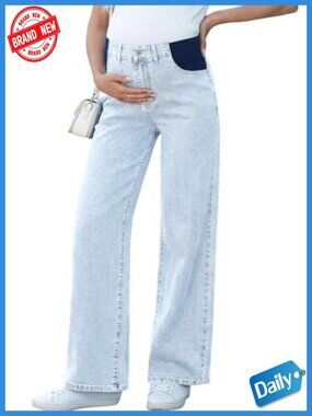 High Waisted Wide Leg Maternity Jeans Stretchy Pregnancy Denim Pants w/ Pockets